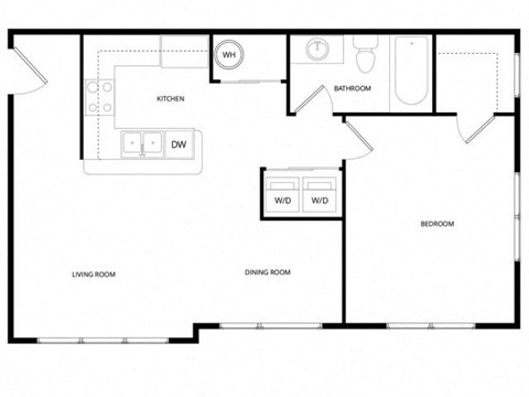 Floor plan for 1 bed, 1 bath, 714 sqft